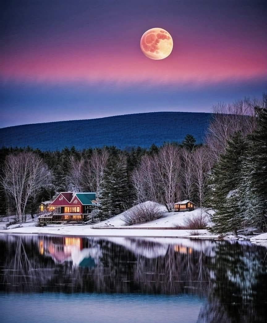 Red cabin by frozen lake under full moon with purple-pink sky and snow-covered trees reflected in water