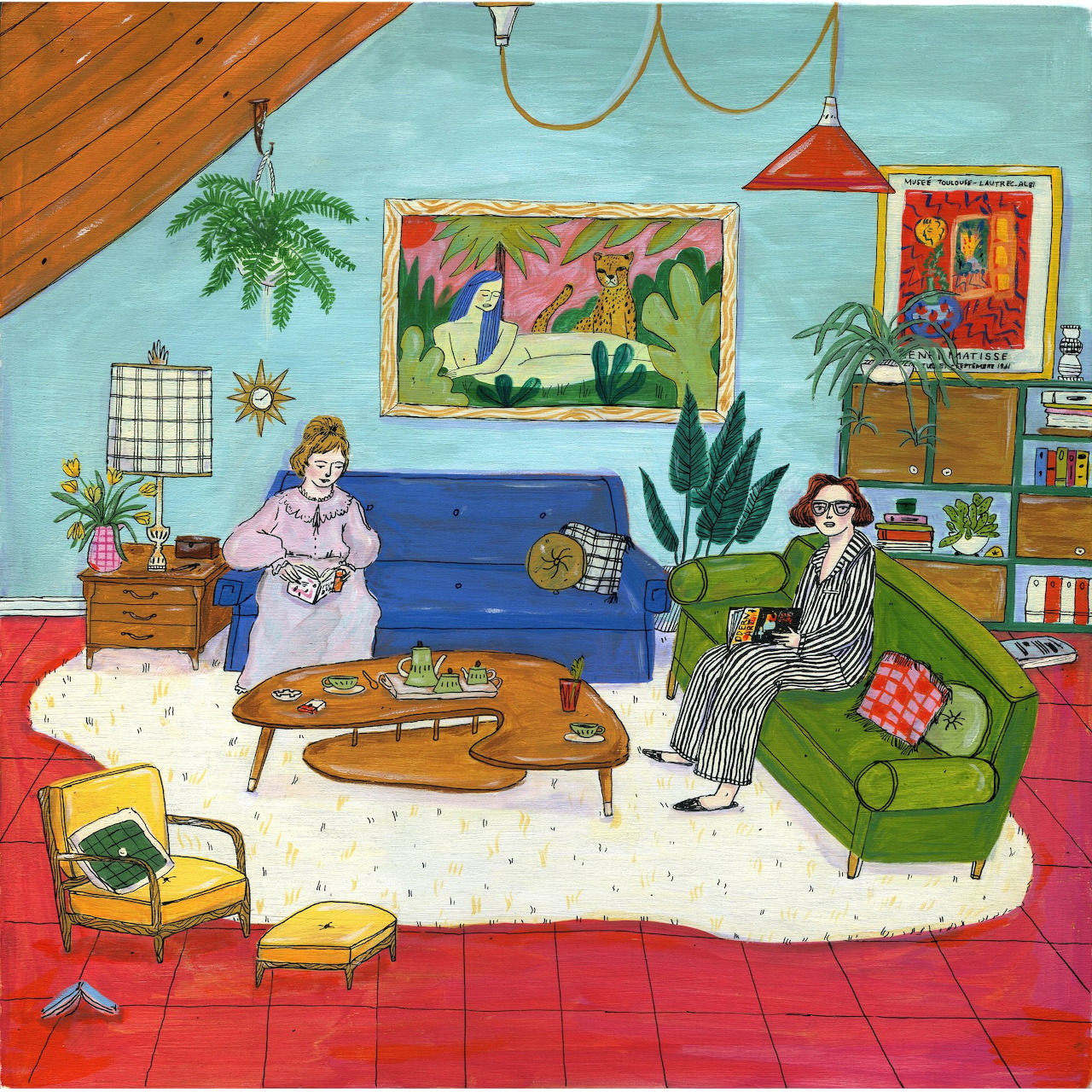 Colorful illustration of people relaxing in a stylish living room with plants, art, and patterned furniture