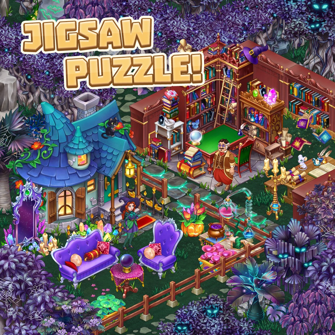 Colorful fantasy cottage and library scene with bookshelves, sofas, plants, and glowing decor