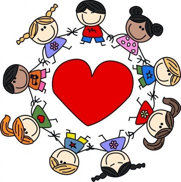 Cartoon children of different ethnicities holding hands in circle around red heart