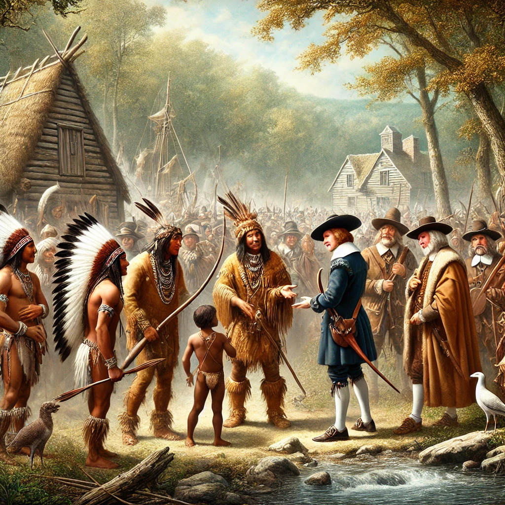 Native Americans in traditional dress meet Pilgrims in colonial clothing in an autumn woodland settlement