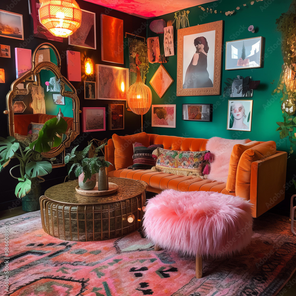 Eclectic living room with orange sofa, pink furry stool, framed art, plants, and warm lamps