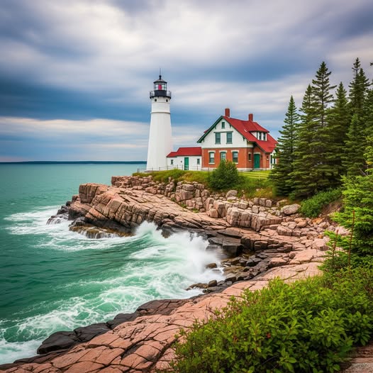 White lighthouse and red-roofed house on rocky coast with pine trees and turquoise water