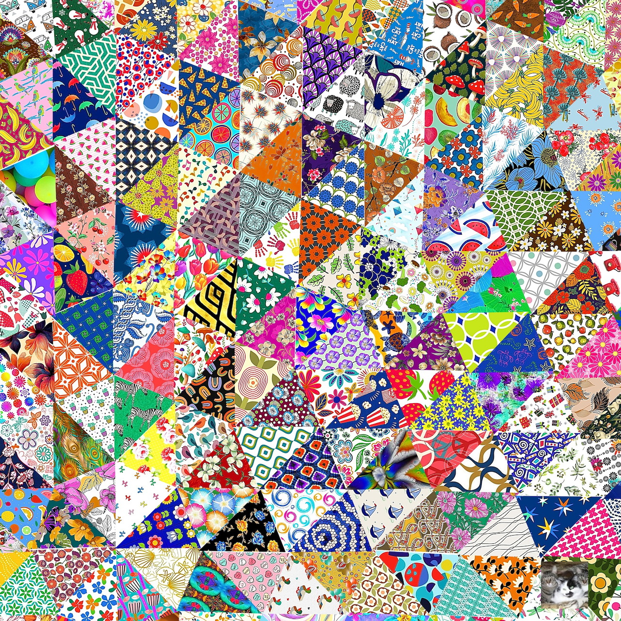 Dense patchwork of colorful triangular fabric pieces with diverse patterns including florals, dots, stripes, and geometric designs
