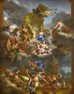 Baroque painting showing angels and figures in dramatic cloudy sky with golden divine light