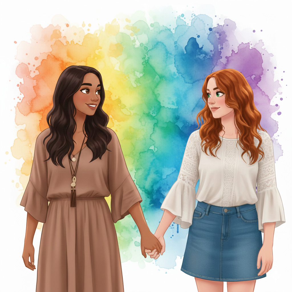 Two smiling women holding hands with a rainbow watercolor background