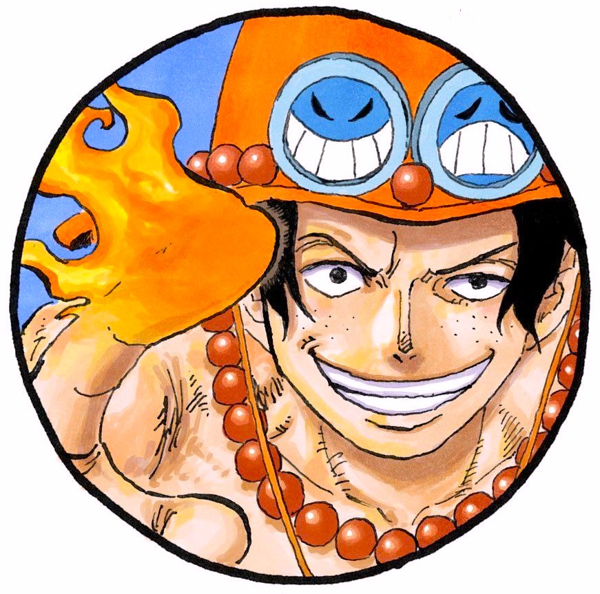 Anime portrait of Ace from ONE PIECE with orange hat, freckles, and flame