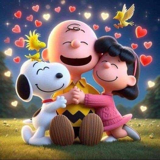 Charlie Brown, Lucy, and Snoopy hugging with glowing hearts around them