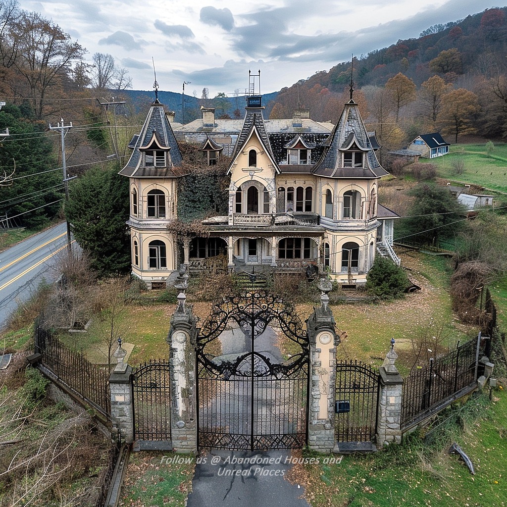 Aerial view of an abandoned Victorian mansion with ornate turrets and a decorative iron gate entrance