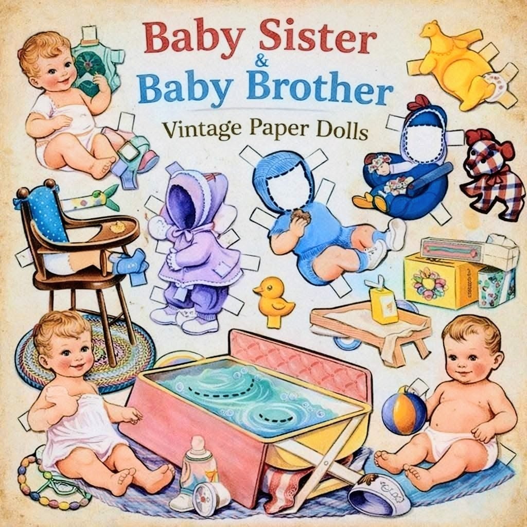 Vintage paper doll set of baby sister and brother with clothes, toys, and furniture on aged paper background