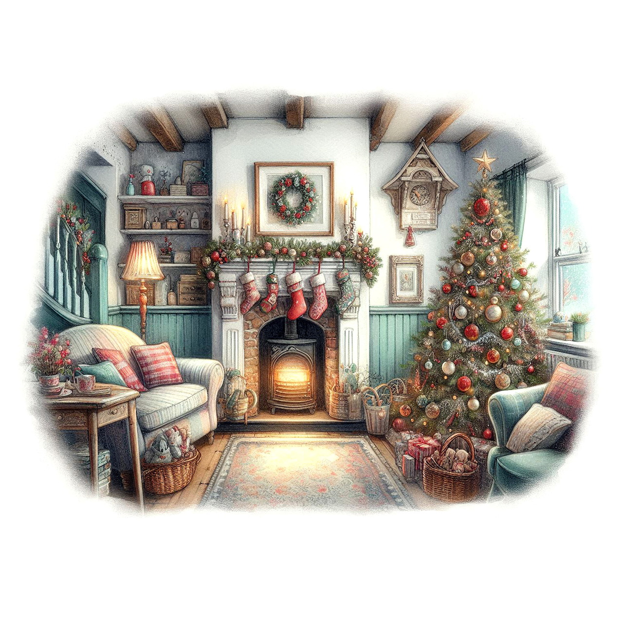 Cozy living room with Christmas tree, fireplace, armchair, and holiday decorations in soft pastel colors