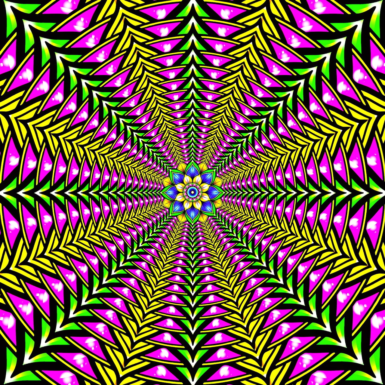 Symmetrical kaleidoscope pattern with radiating magenta, yellow and green geometric shapes and central blue flower