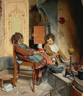 Painting of two young children sitting near a fireplace, one holding a doll in a wooden chair
