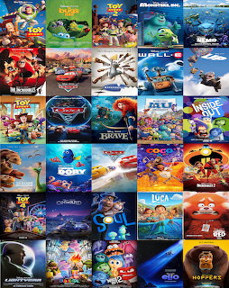 Colorful collage of Disney and Pixar animated movie posters in a grid