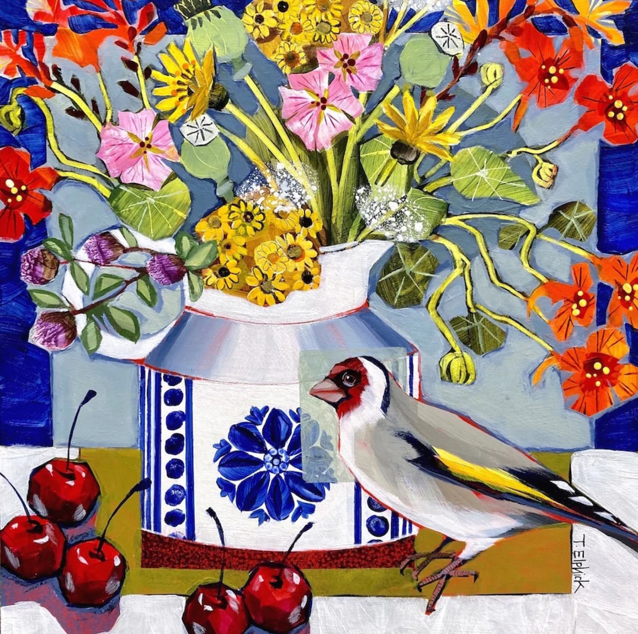 Vibrant still life painting with flowers in white vase, goldfinch bird, and cherries on patterned tile