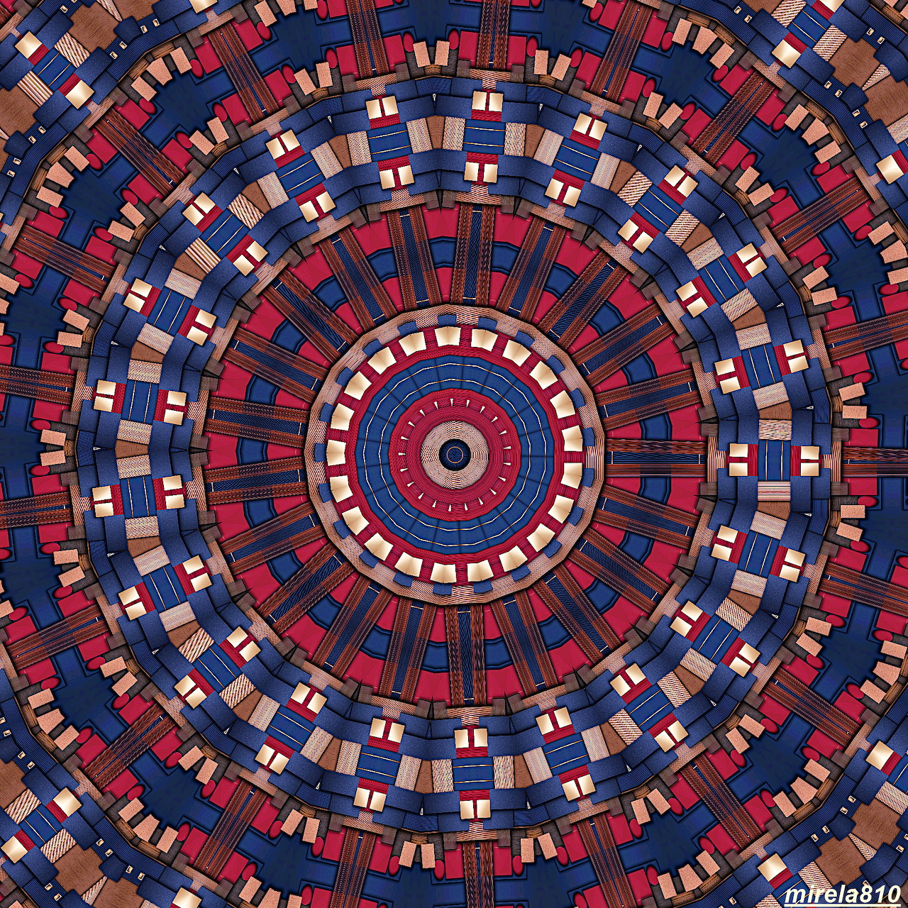 Circular geometric mandala with red, blue, and white patterns radiating symmetrically from center