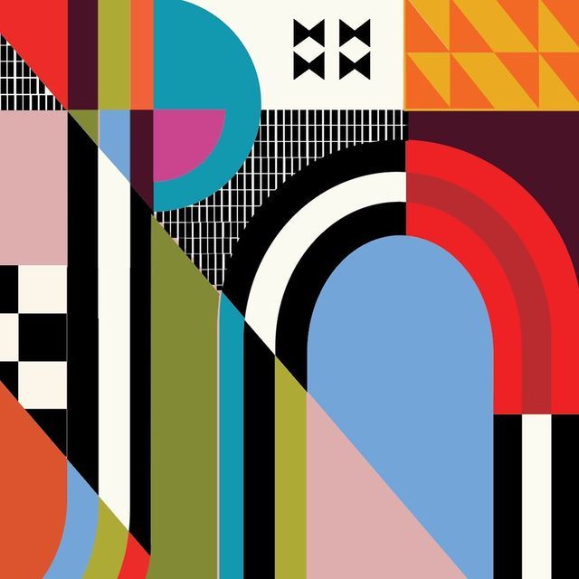Colorful geometric abstract art with bold shapes, stripes, arches, and checkered patterns in retro style