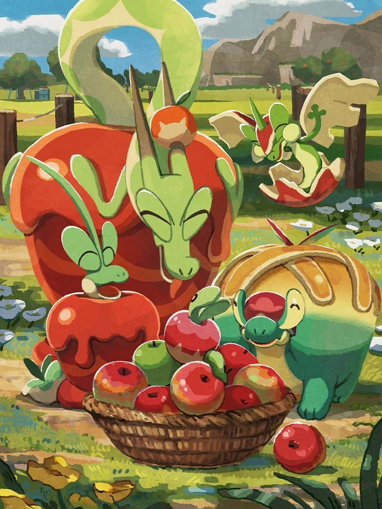 Five apple-themed Pokémon characters gathered around a basket of red apples in a farm landscape