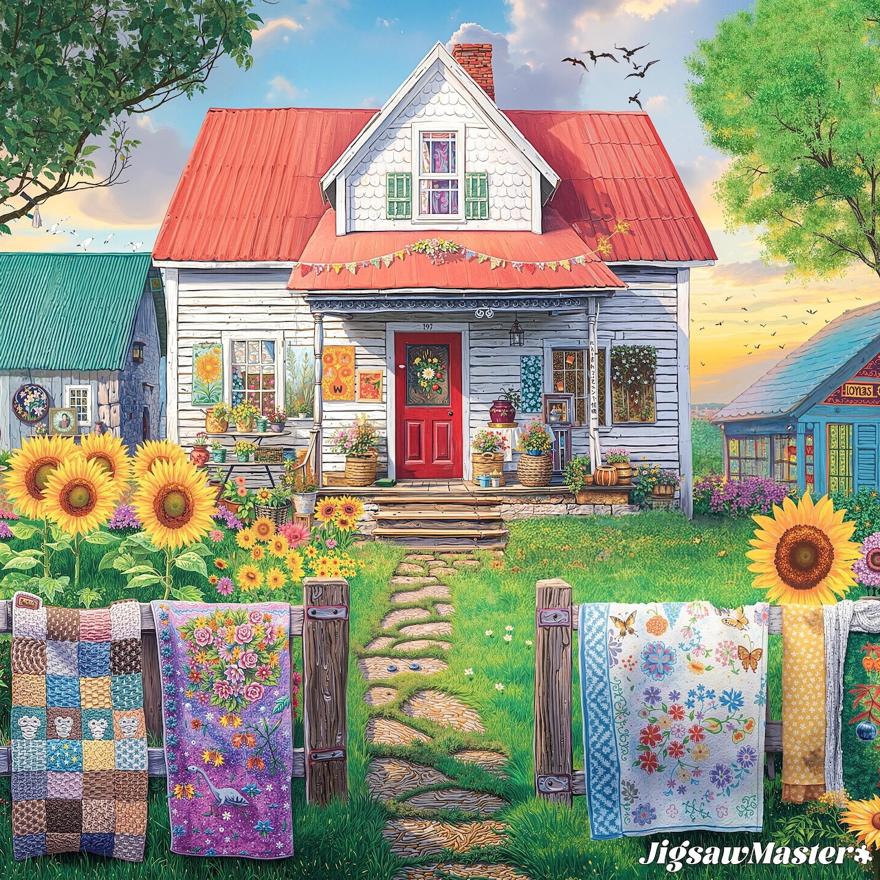 White country house with red roof, quilts hanging on fence, sunflowers and garden path under rainbow sky