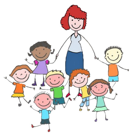 Cartoon teacher with red hair standing with group of smiling children holding hands
