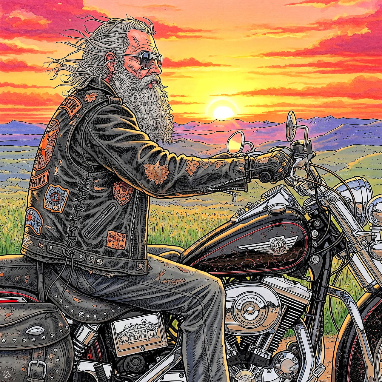 Bearded biker on motorcycle with dramatic sunset sky behind him