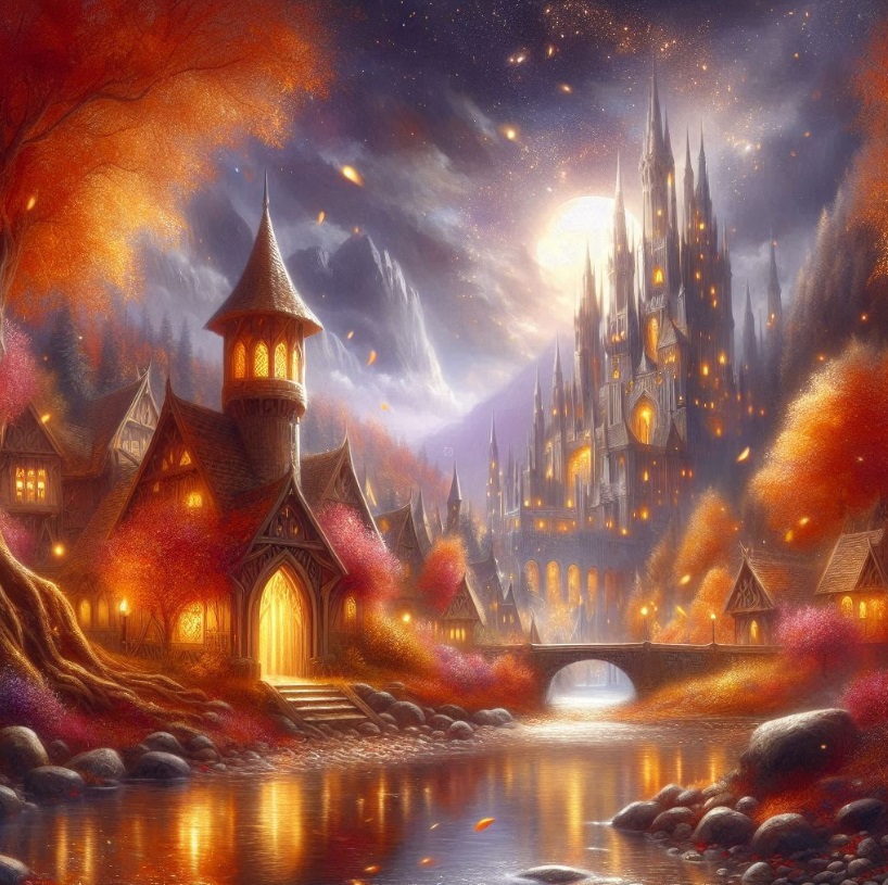 Illuminated fantasy castle with spires and towers beside a river at night, surrounded by autumn trees under a starry sky