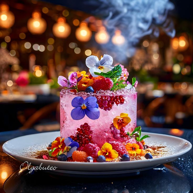 Pink cake decorated with vibrant edible flowers and fresh berries on white plate