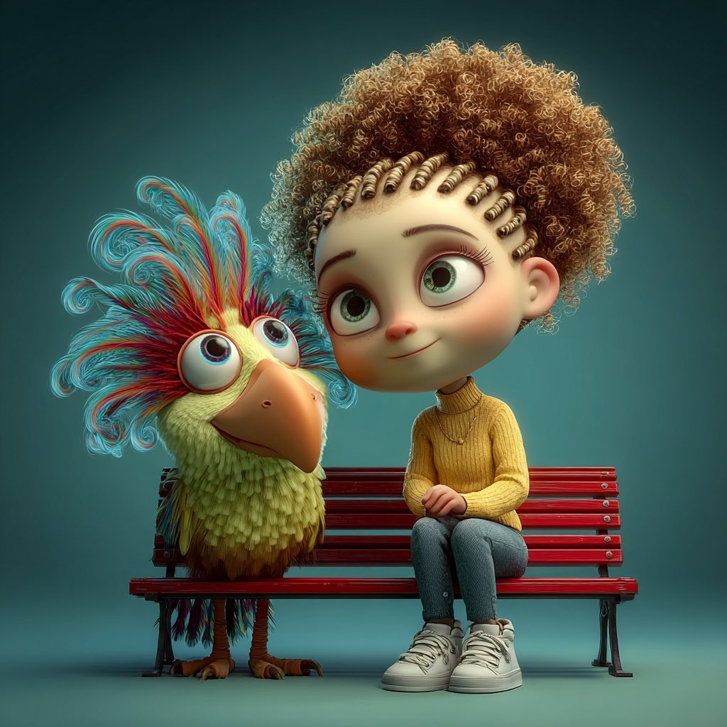 3D cartoon child with afro hair sitting on bench next to colorful bird character