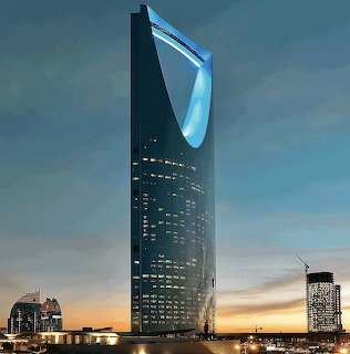 Kingdom Centre Tower in Riyadh at twilight with skyline and glowing windows
