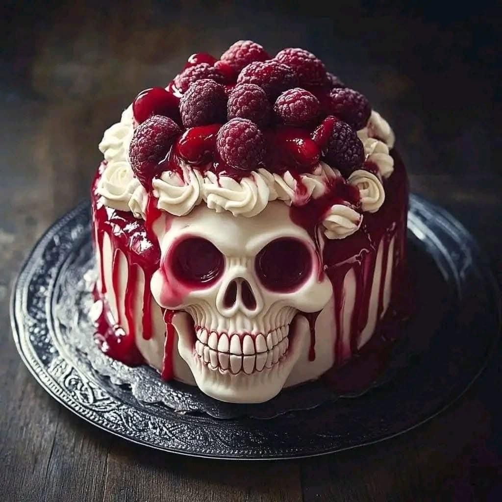 Skull-shaped cake with raspberries, white frosting, and red berry glaze on a dark plate