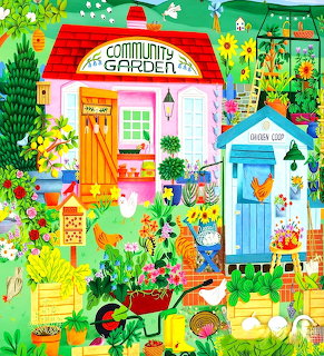 Bright community garden scene with red-roofed shed, blue chicken coop, flowers, vegetables, animals, and garden tools