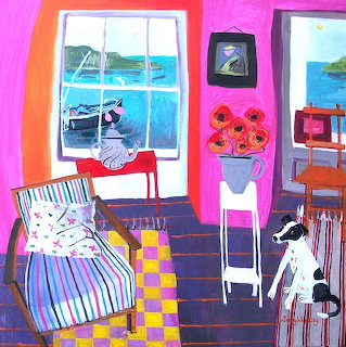 Vibrant naive painting: dog in pink cottage room with striped furniture, flowers, and sea view through window
