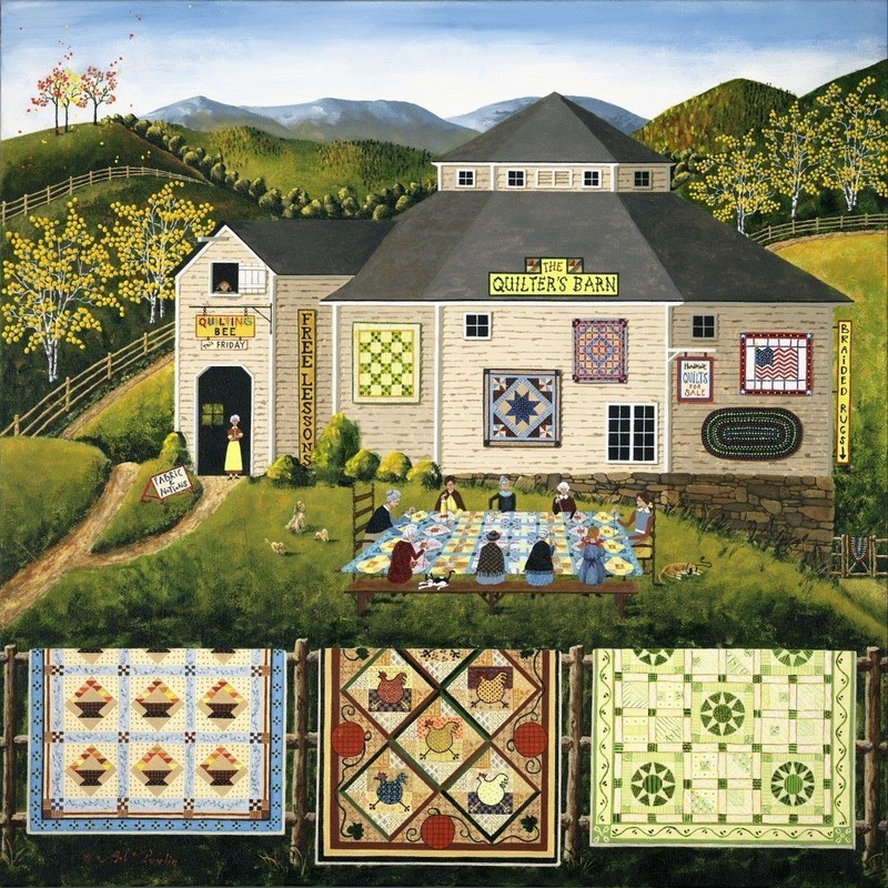 Folk art painting of a quilter's barn with quilts displayed on walls and clotheslines in a rural setting