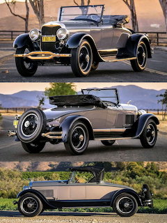 Three photos of a 1925 vintage Lincoln Model L Roadster in dark blue with gold accents and whitewall tires