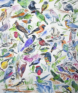 Watercolor painting of many colorful birds among leafy branches