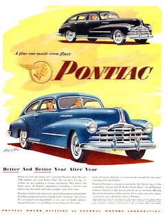 Vintage 1948 Pontiac car advertisement with black and blue automobiles