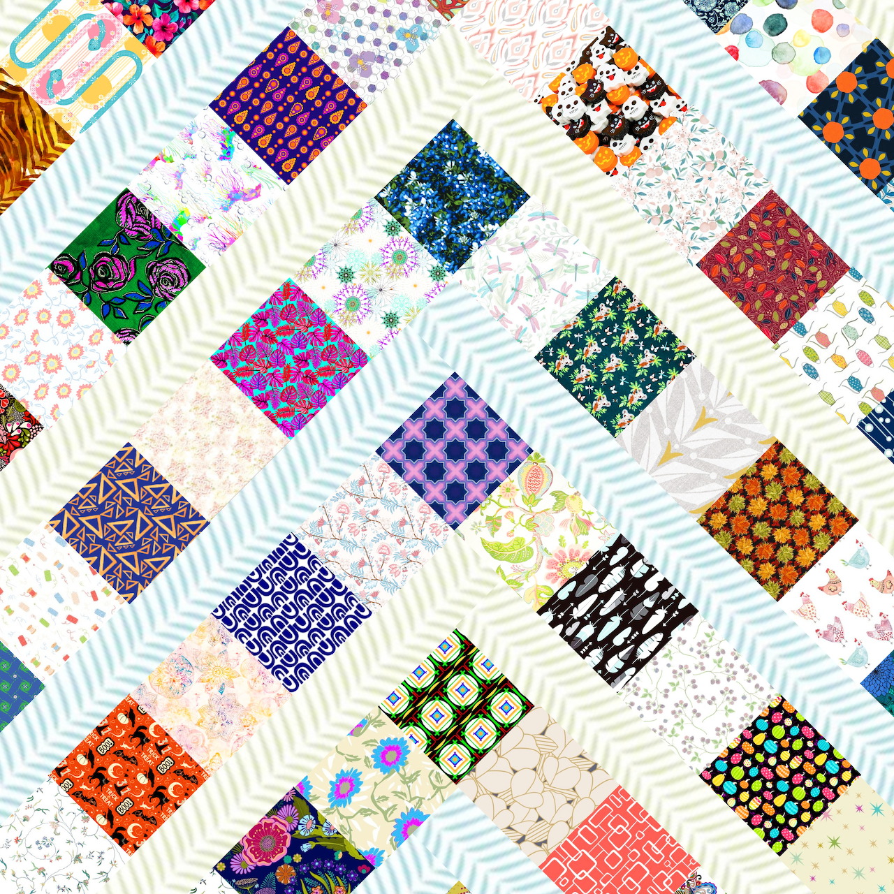 Diagonal arrangement of colorful patterned fabric squares forming a patchwork quilt design on white background