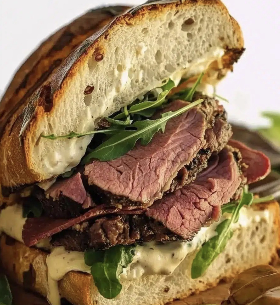 Close-up of a stacked roast beef sandwich with arugula and white sauce on crusty bread