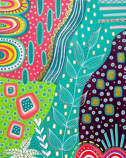 Colorful abstract art with geometric patterns, polka dots, curved lines, and leaf motifs in vibrant pink, turquoise, and green