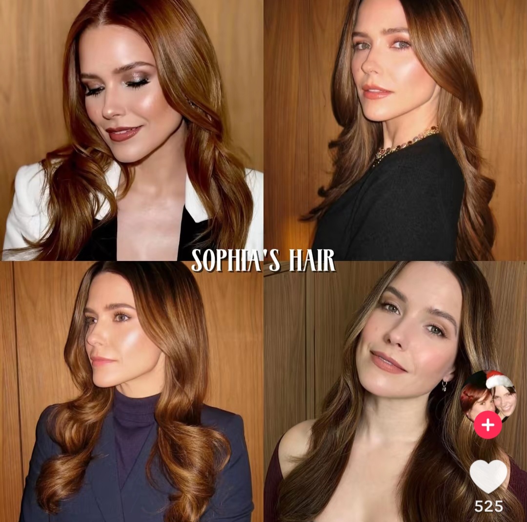 Four photos of woman with brown wavy hair in different styling and outfits on wood background