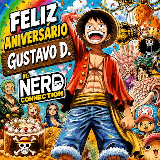 Colorful One Piece anime birthday poster with Luffy, other characters, and a cake