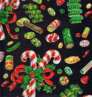 Christmas wrapping paper pattern with candy canes, peppermints, bows, and assorted sweets on a dark background