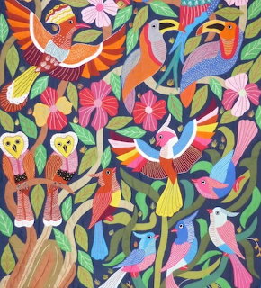 Colorful folk art painting of many tropical birds among leaves and flowers on dark green background