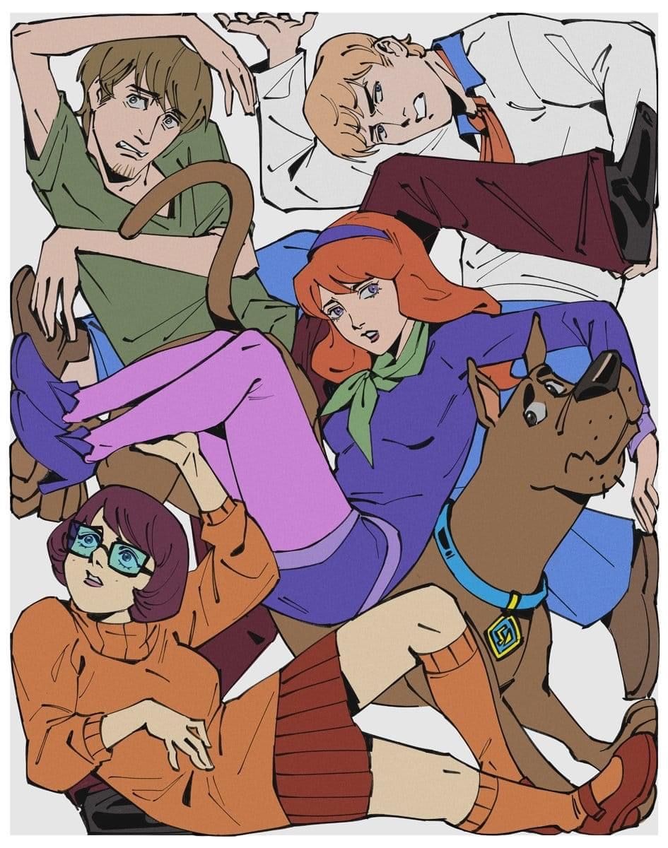 Cartoon image of Scooby-Doo with Shaggy, Velma, Daphne, and Fred lying together