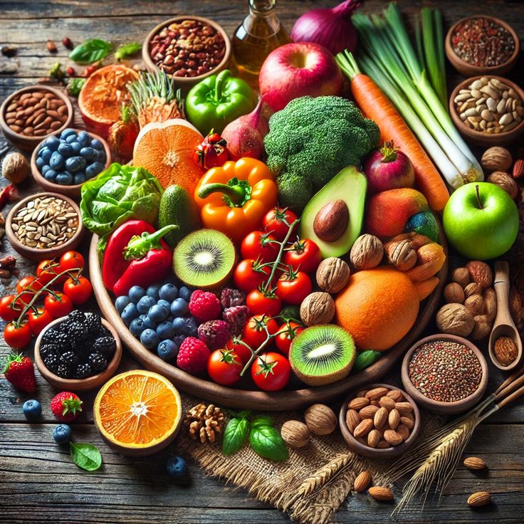 Colorful assortment of fresh fruits including apples, oranges, grapes and berries