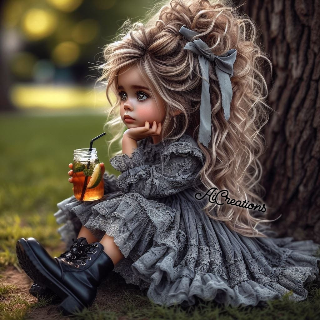 Doll-like little girl in a gray ruffled dress sitting by a tree with a drink