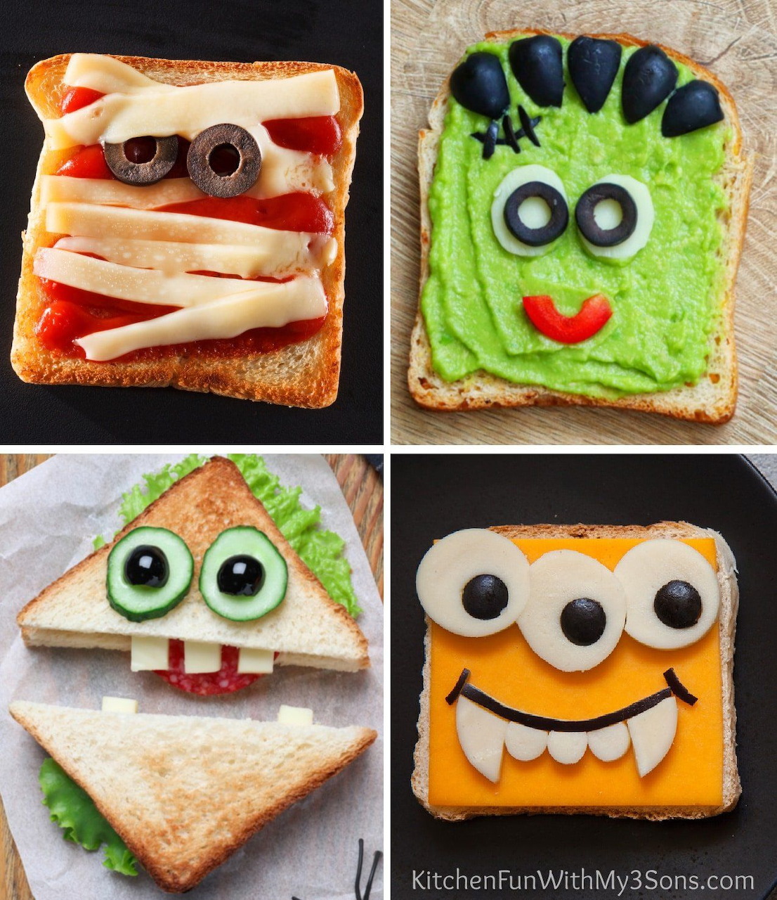 Four pieces of toast decorated as Halloween monster faces with colorful toppings including cheese, olives, and vegetables