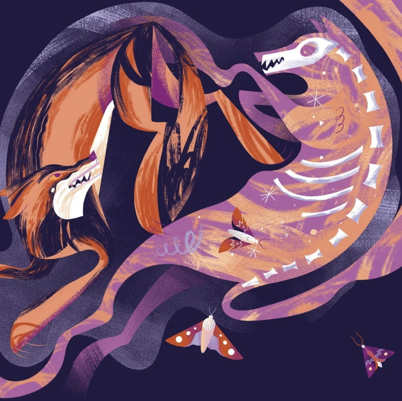 Stylized purple and orange wolf-like creature with moths on a dark background