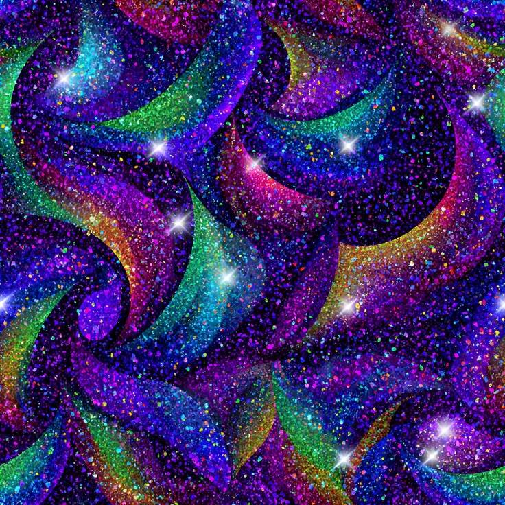 Iridescent rainbow swirls on purple starry background with glitter texture