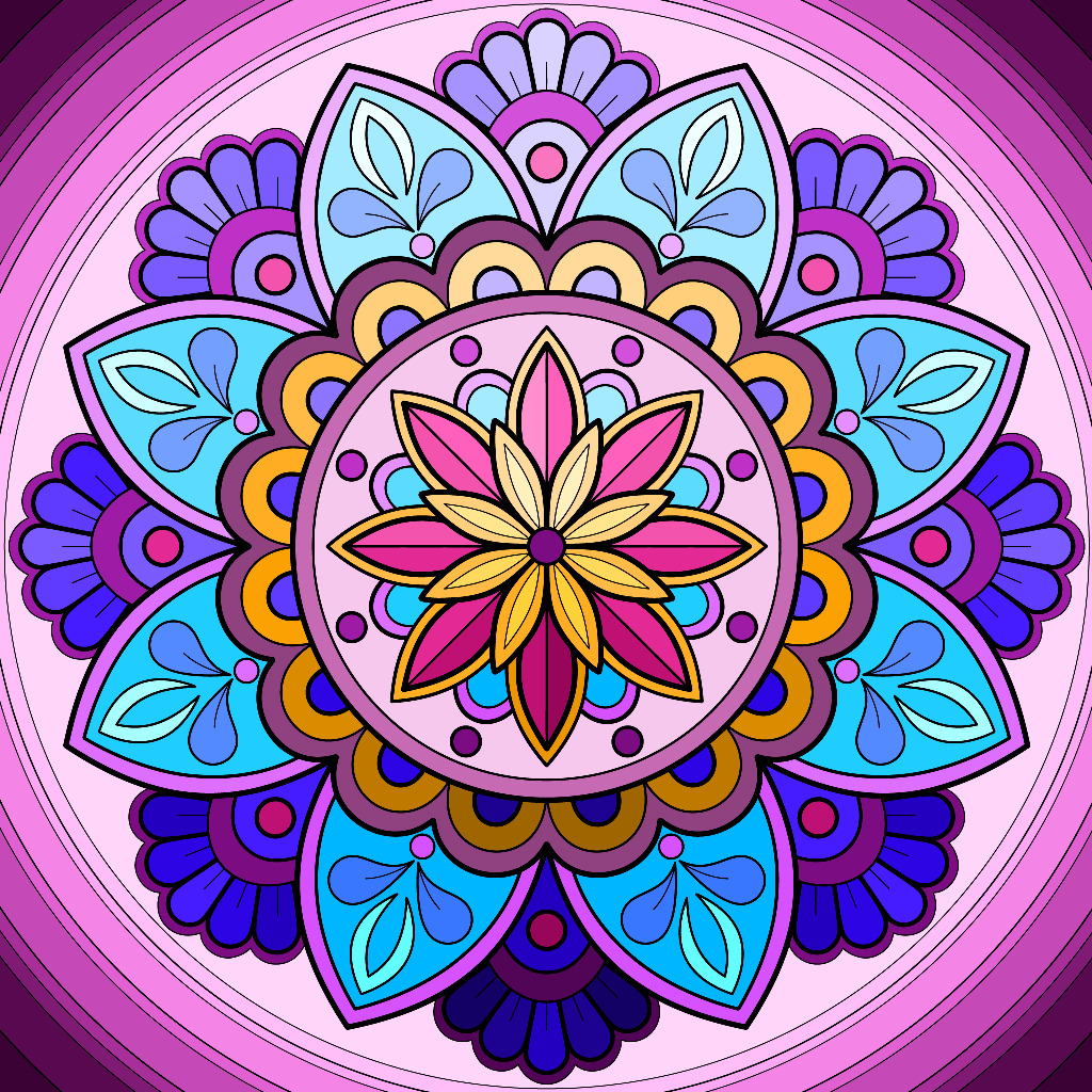 Symmetrical mandala with layered colorful petals in pink, purple, blue and yellow on radiant pink background